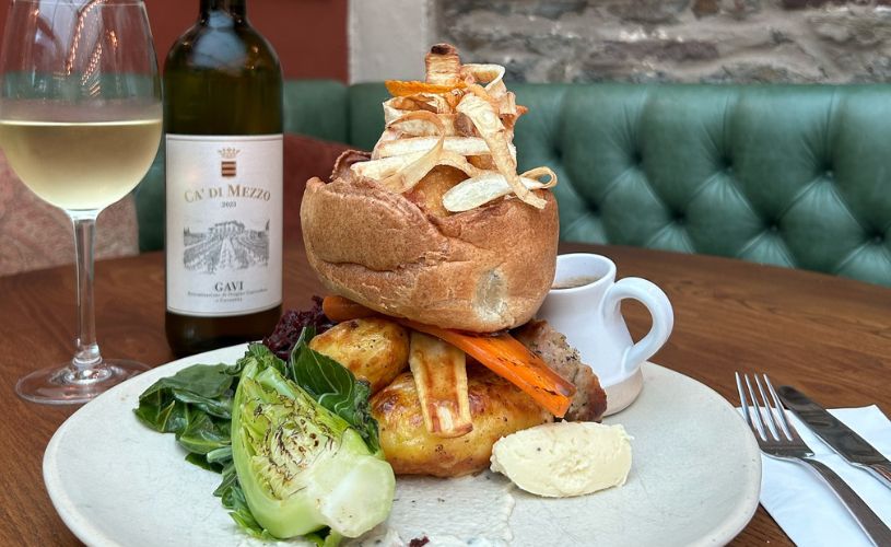 Roast dinner and glass of wine at Lock Keeper, credit Young's